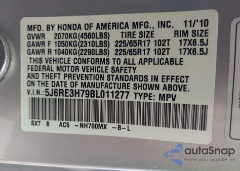 2011 Honda Cr-V Ex-L from USA, damaged, VIN 5J6RE3H79BL011277